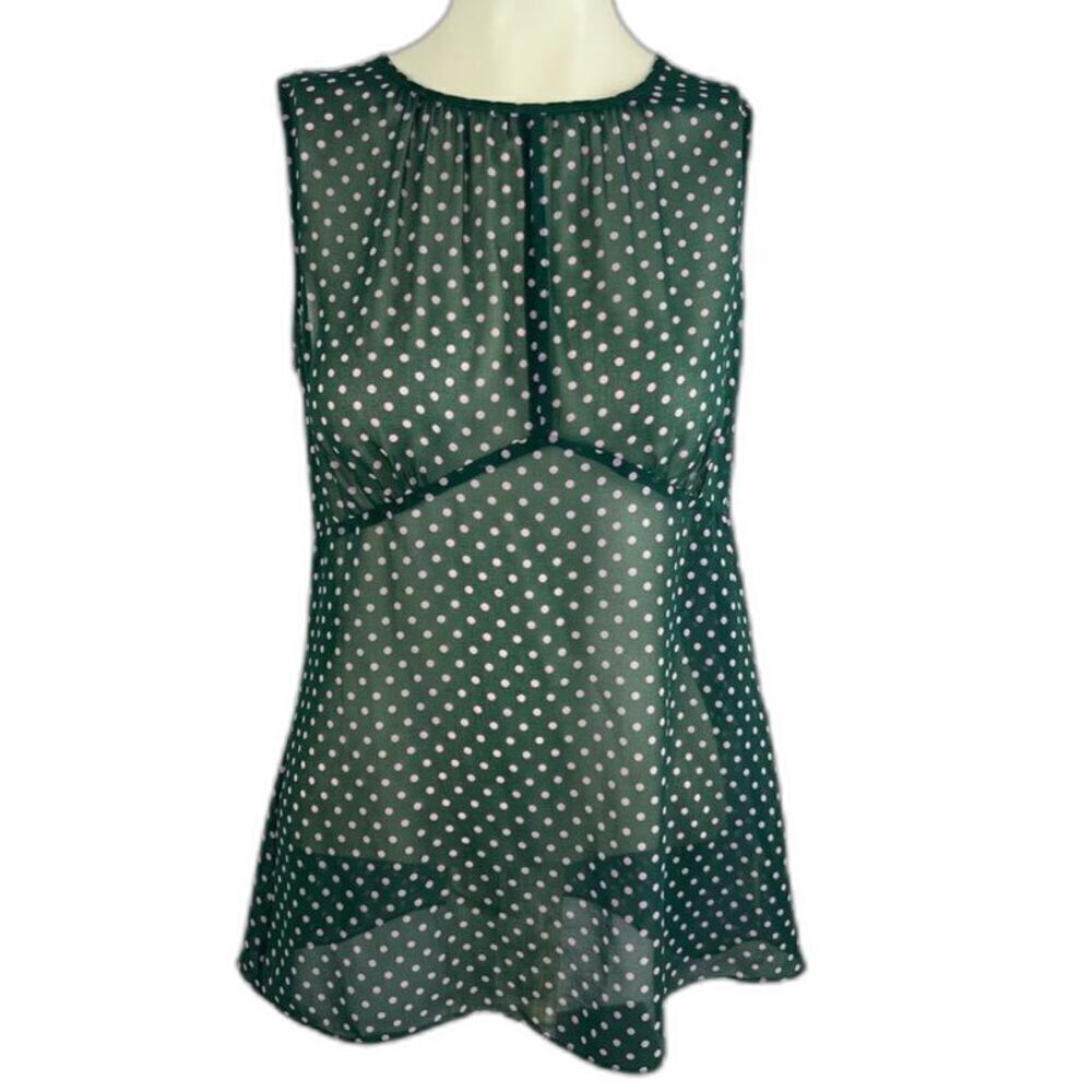 CAbi Womens Sleeveless Flirt Polka Dot Sheer Round Neck Blouse Top Green Size S
